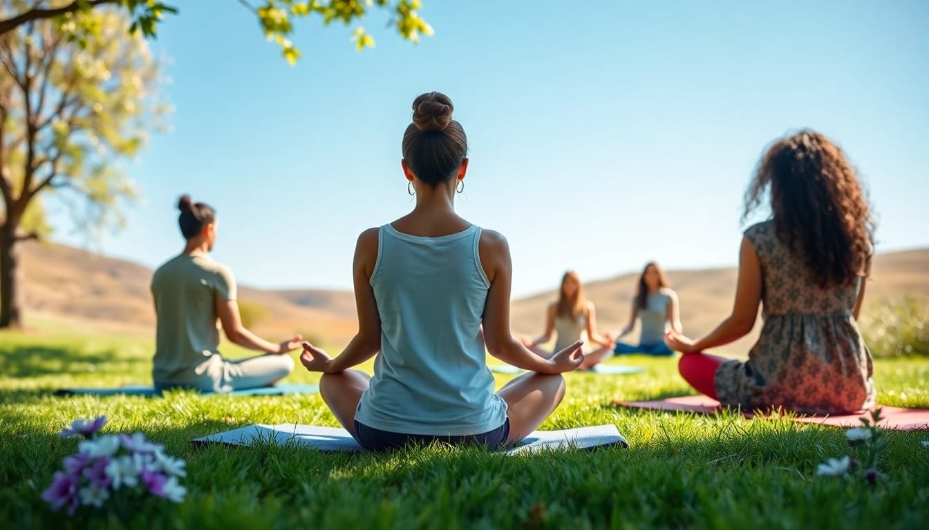 Embrace mental health tips with a peaceful meditation scene in a sunlit park.