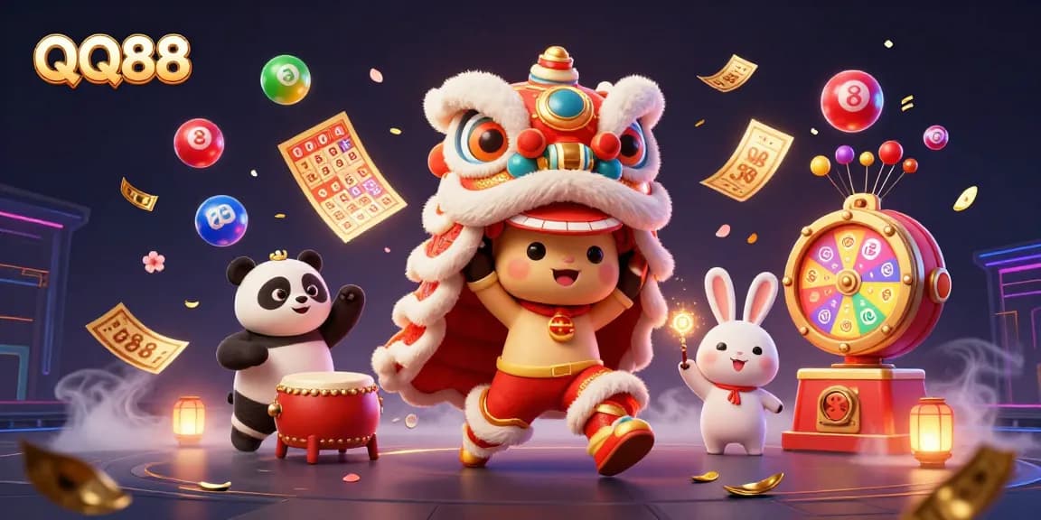 Experience thrilling gameplay with QQ88 through interactive lottery elements in this vibrant illustration.