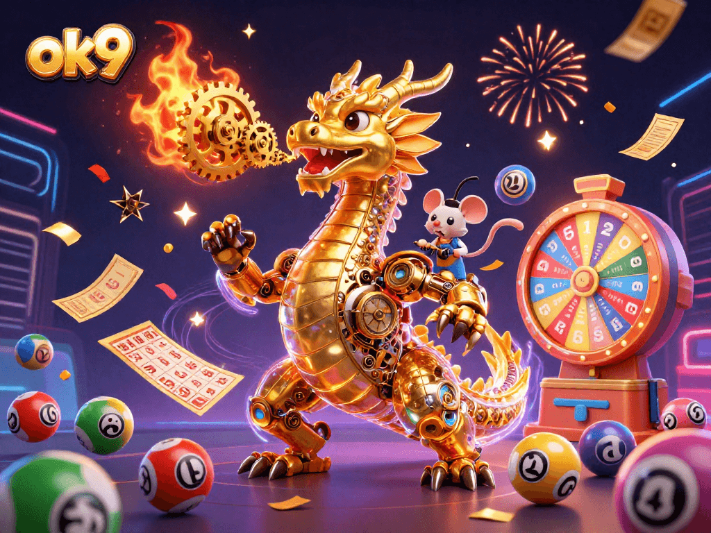 Engage with ok9 for exciting gaming experiences as a golden dragon breathes gears and lottery balls in a dynamic casino scene.