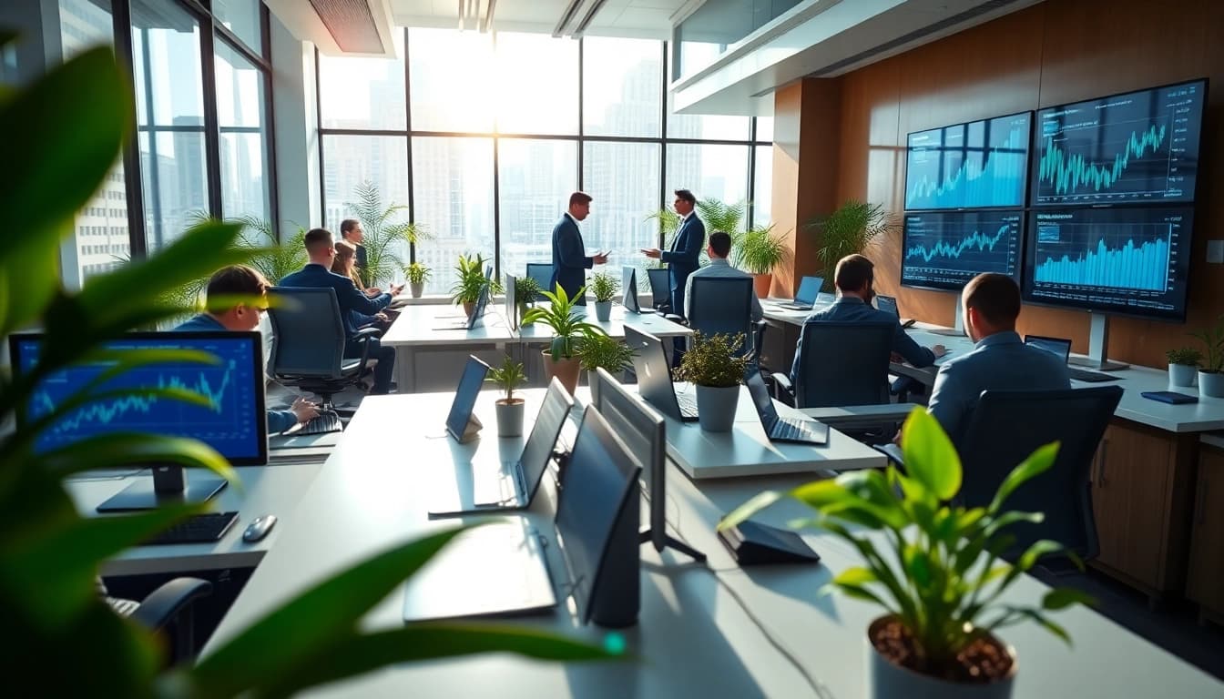 Business professionals collaborating in a modern finance office, emphasizing FaktaFinans insights.