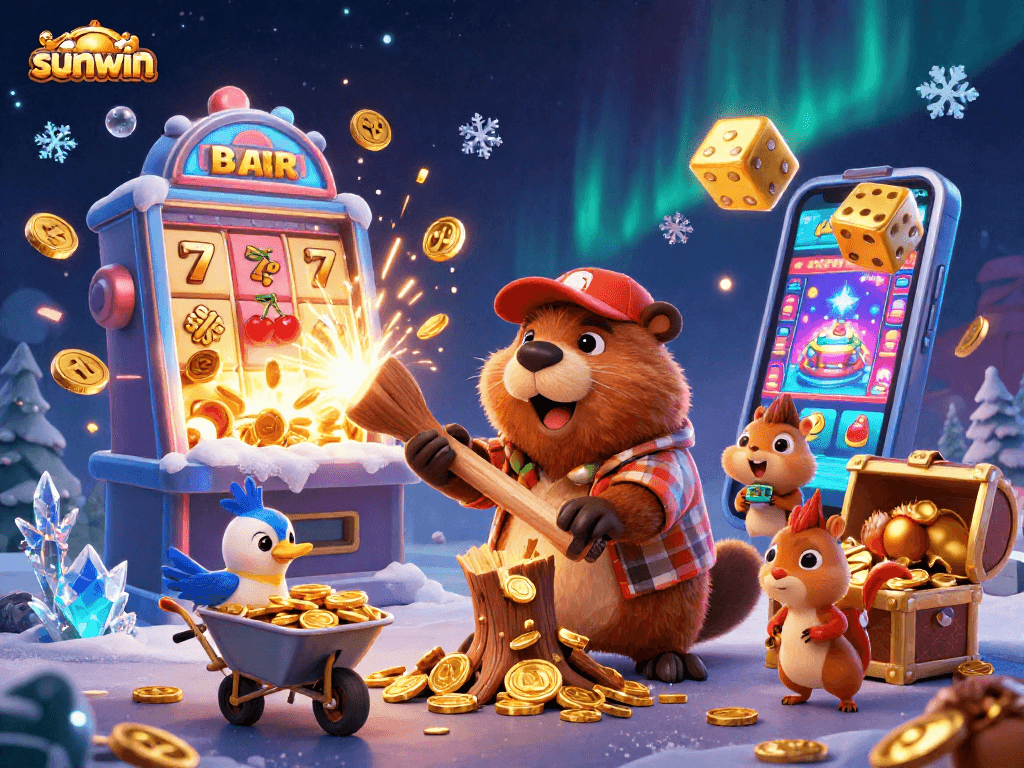 Experience the thrill of winning with sunwin's vibrant, action-packed casino scene featuring cartoon characters and dynamic game elements.