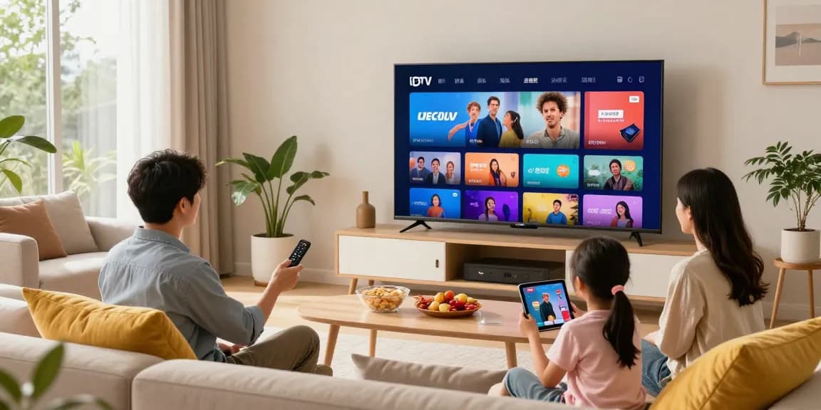 Familj som njuter av smart iptv-strömning i ett mysigt vardagsrum