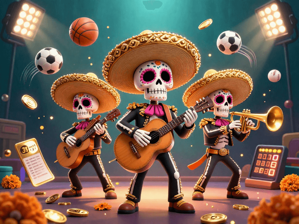 Experience the excitement of 33win1 org with a dynamic mariachi band and sports elements.