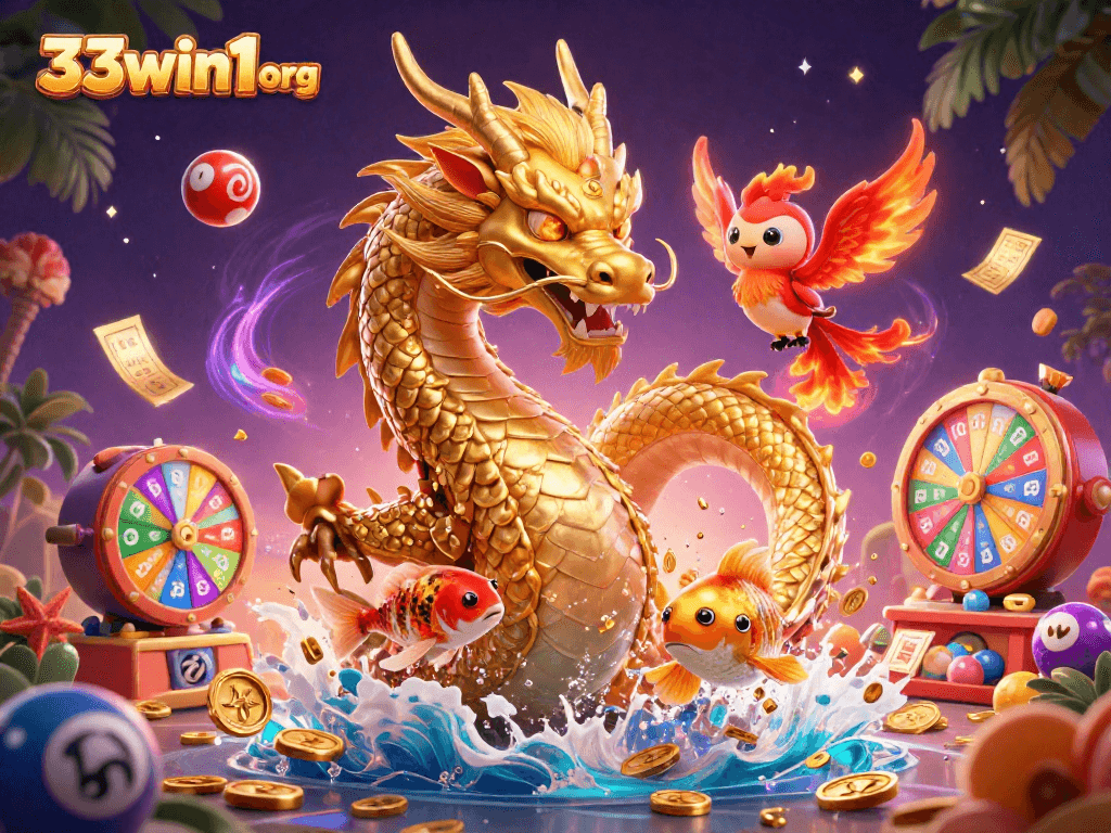 Engage in the thrilling world of 33win1 org with dynamic lottery elements and vibrant casino imagery.