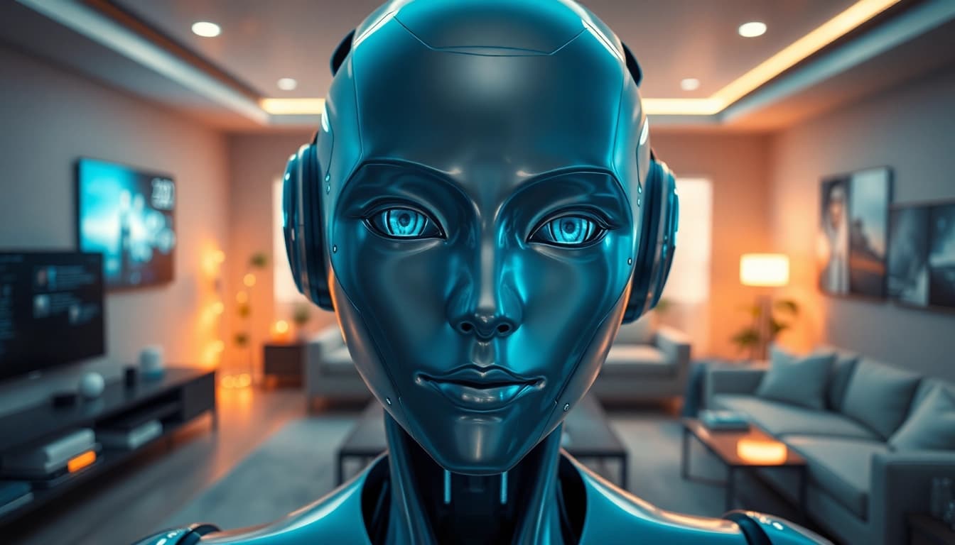 A state-of-the-art sex bot showcasing advanced AI capabilities in a sleek, modern setting.