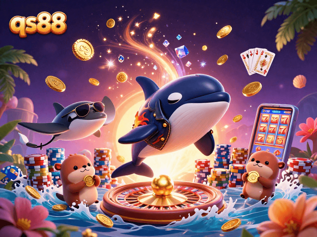 qs88 players enjoying a vibrant casino scene with golden coins, slot reels, and fun characters.