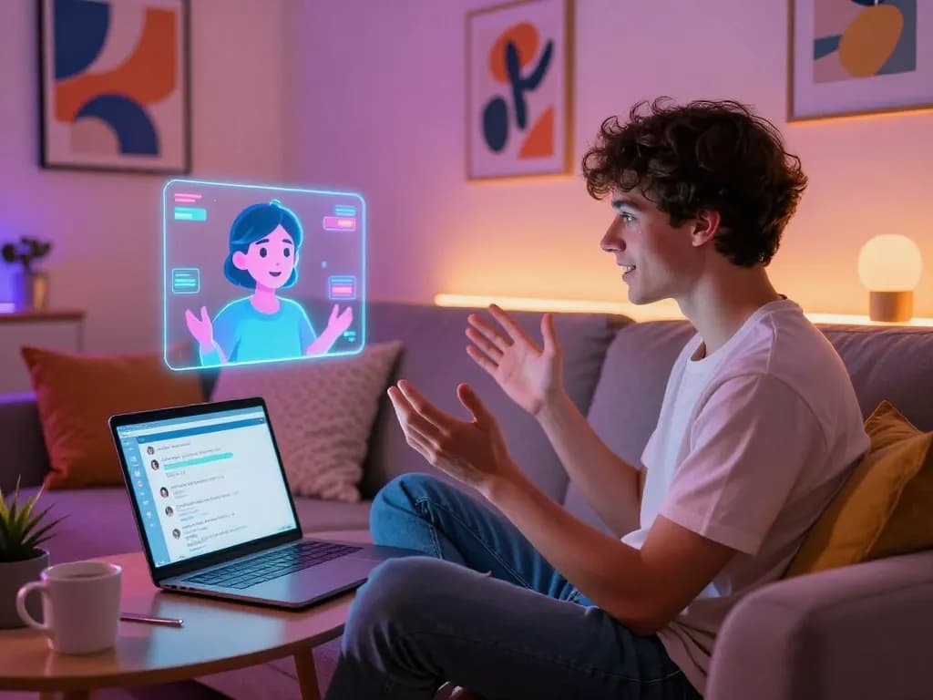 Engaging porn chat ai experience with an interactive holographic avatar in a cozy room setting.