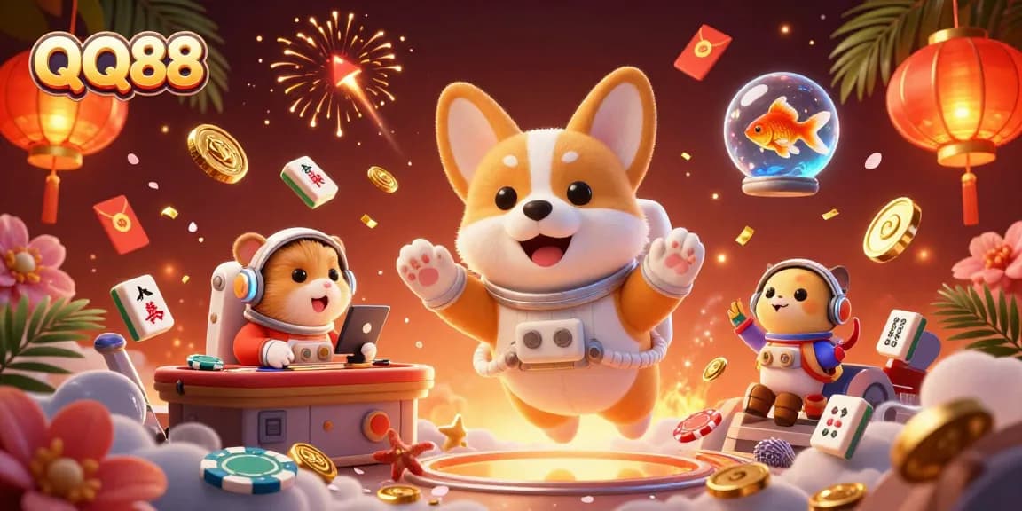 Experience thrilling gaming adventures at QQ88 with a playful astronaut corgi floating in space.