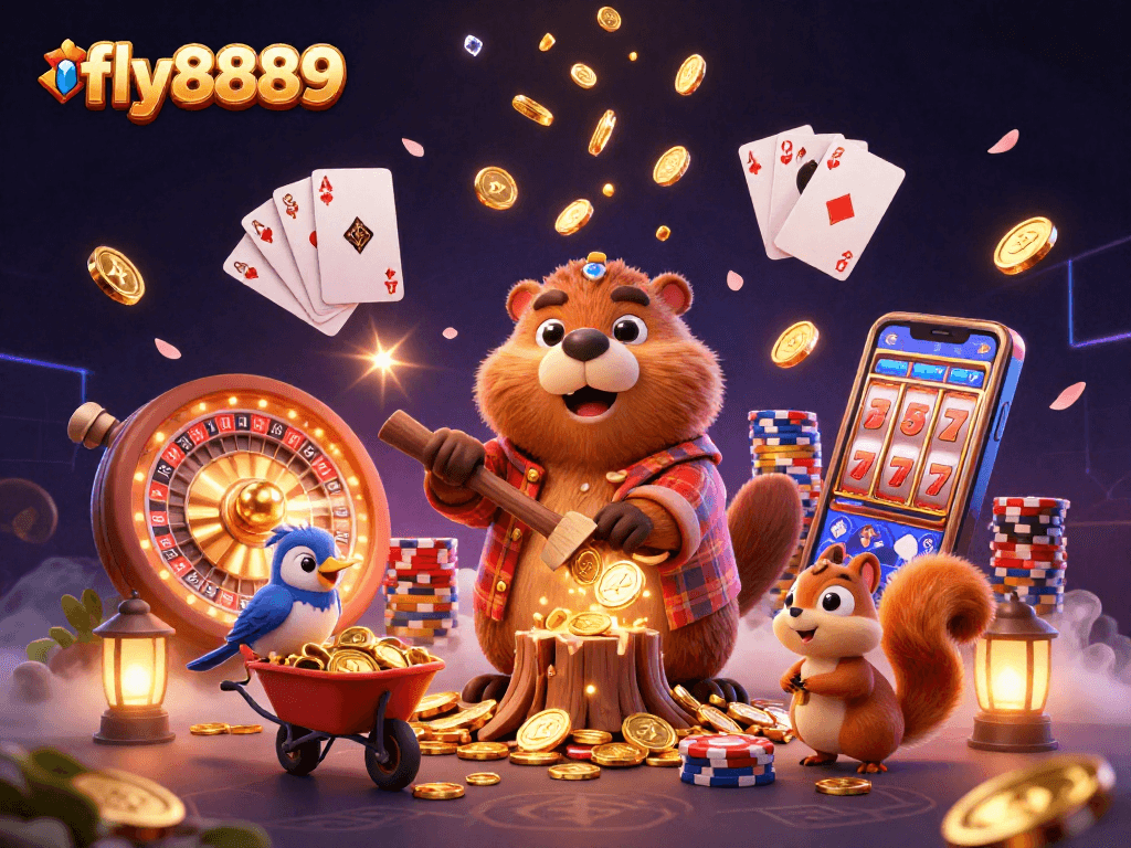 Experience the thrill of winning with fly8889, as cartoon characters play in a vibrant casino scene filled with gold coins.