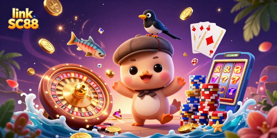 Experience the excitement of link SC88 with a playful cartoon Nessie, gold coins, and vibrant casino elements.