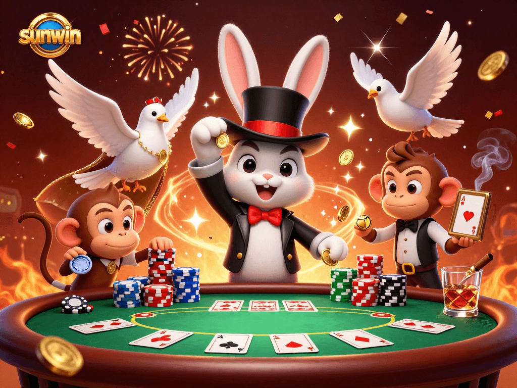 Experience thrilling wins at sunwin with a magician revealing golden coins and poker excitement.