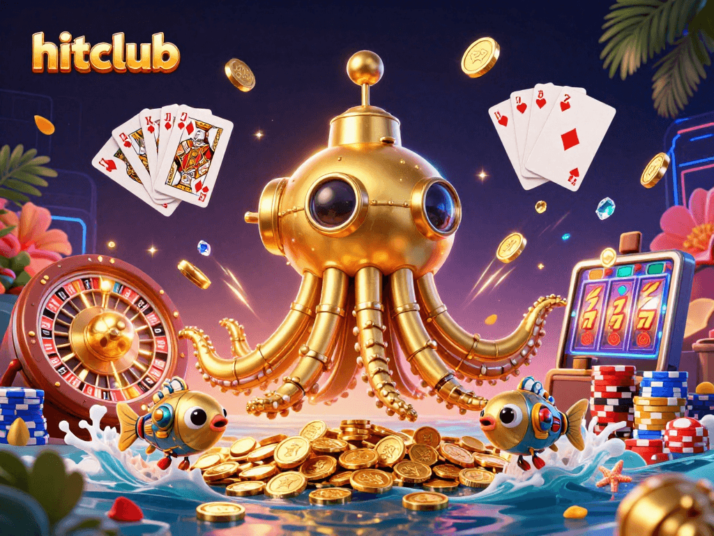 Experience thrilling gaming at hitclub featuring a golden kraken submarine amidst sparkling coins and casino excitement.