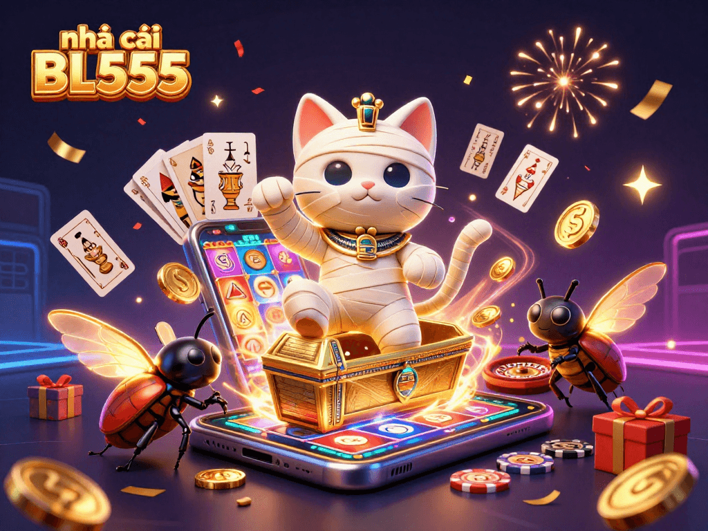 Experience excitement at nhà cái BL555 with a 3D Egyptian cat bursting from a golden sarcophagus in a vibrant casino.