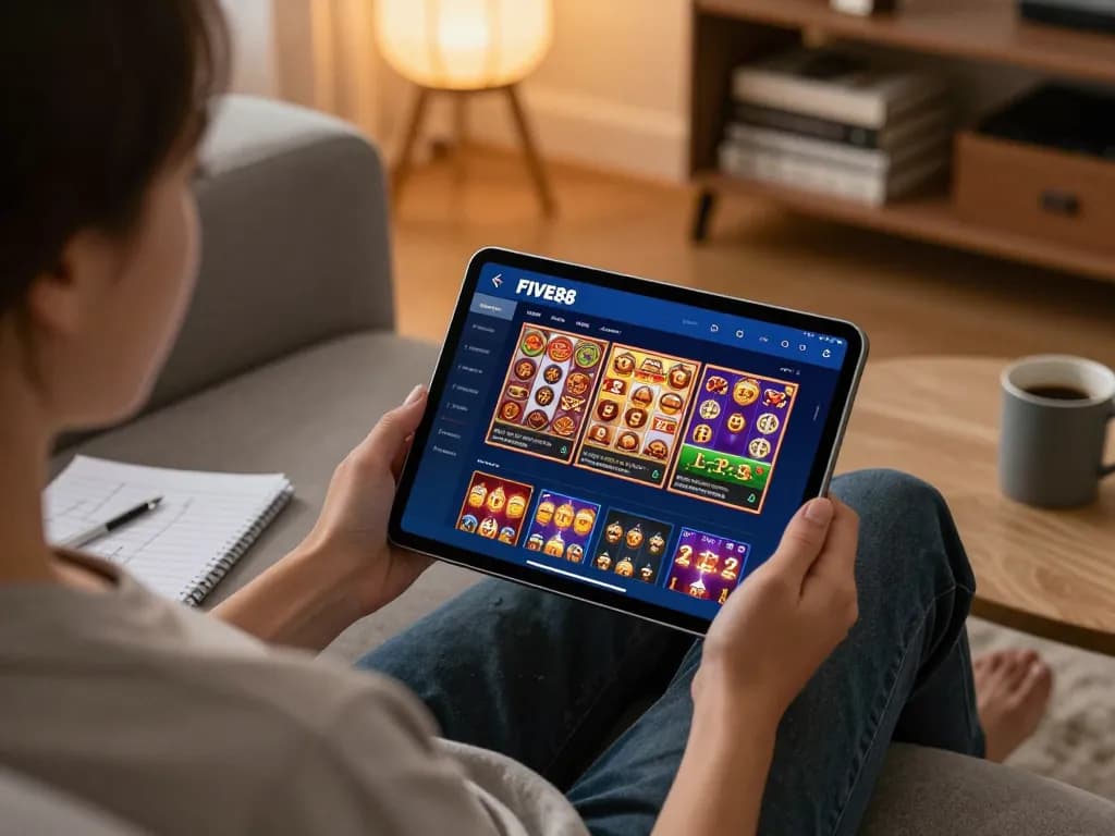 Person enjoying the FIVE88 app for online casino gaming while relaxing at home.