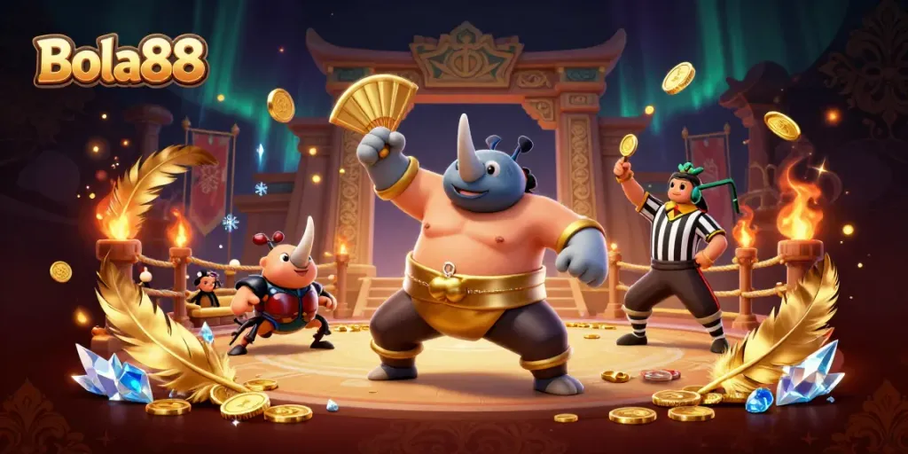 Bola88 champions summon golden coins in an exciting online betting arena surrounded by cheering spectators.