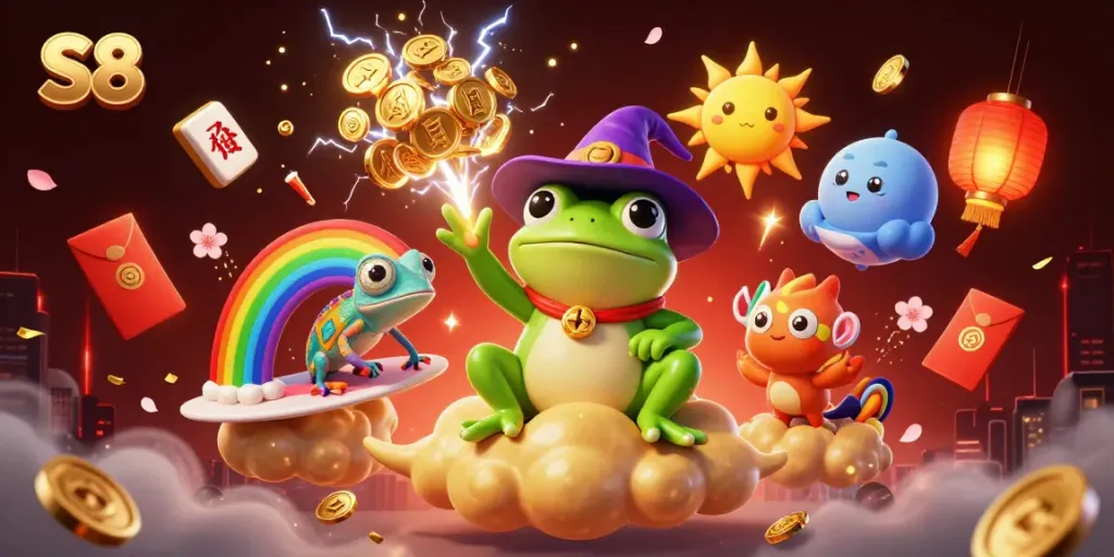 S8 offers thrilling gaming adventures with a colorful illustration of a frog and a chameleon amidst exciting casino elements.