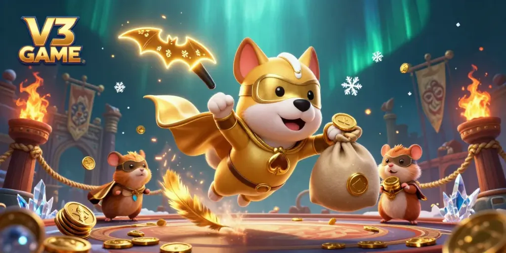 Engage with V3 GAME in an exciting 3D illustration featuring a superhero dog and vibrant casino elements.