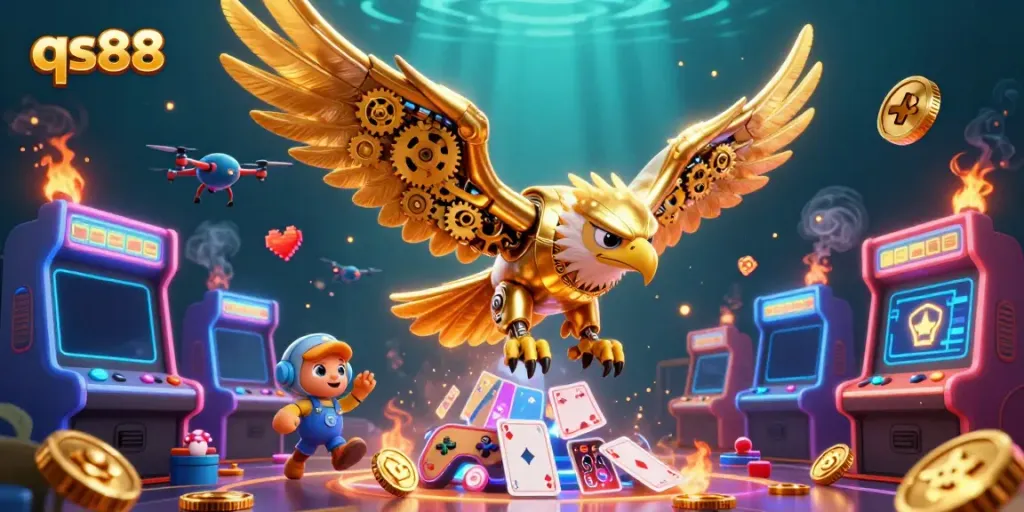 Experience the excitement of qs88 with a dynamic 3D illustration featuring a cybernetic eagle and vibrant gaming elements.