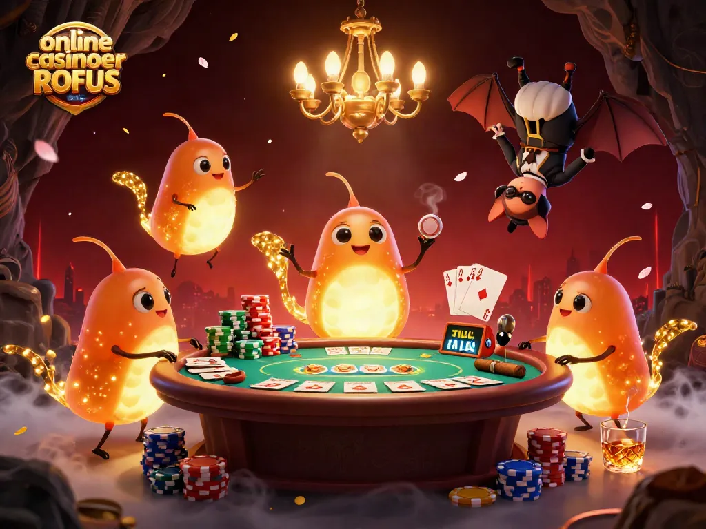 Play at online casinoer uden ROFUS featuring vibrant glowworms lighting a cave casino scene.