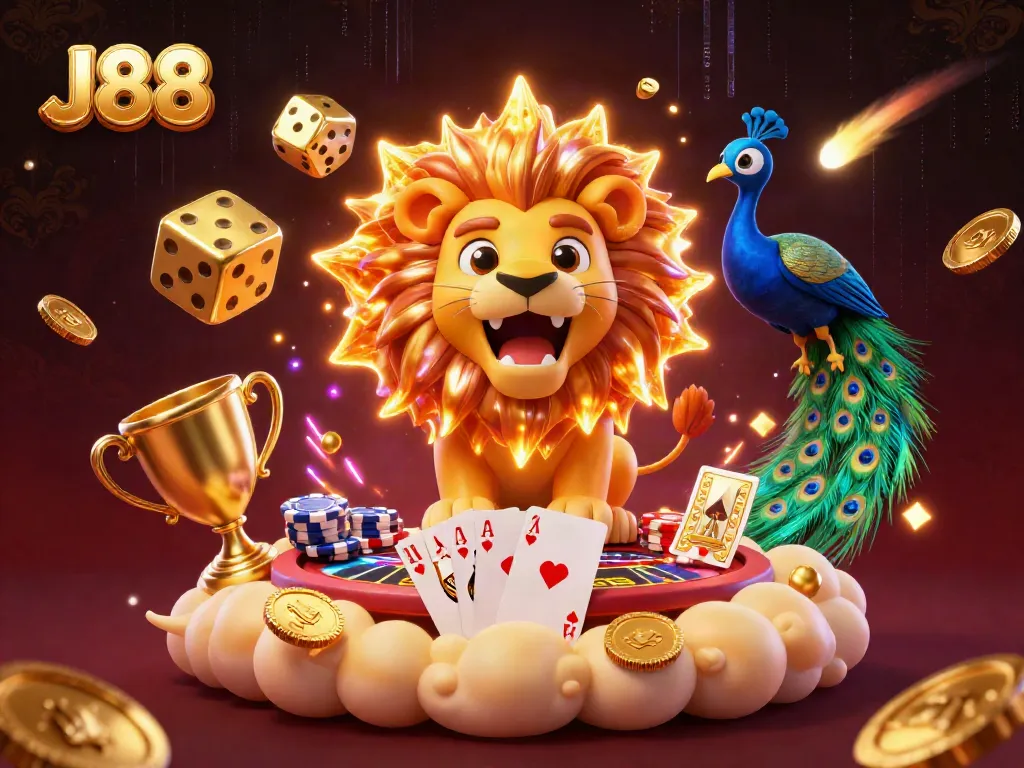 Experience thrilling gameplay at J88's poker tables, stacked with chips and a royal flush.