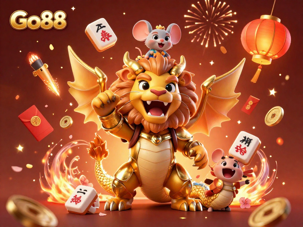 Join the celebration at Go88 with a vibrant casino-themed illustration featuring a triumphant chimera and festive elements.