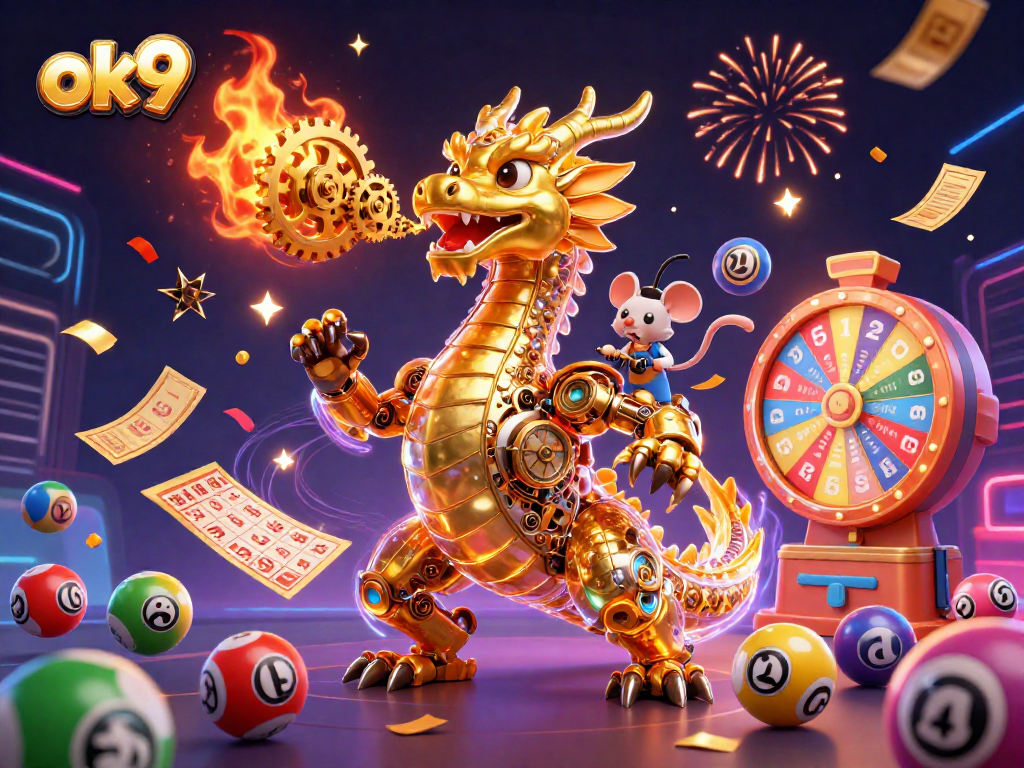 Engage with ok9 for exciting gaming experiences as a golden dragon breathes gears and lottery balls in a dynamic casino scene.