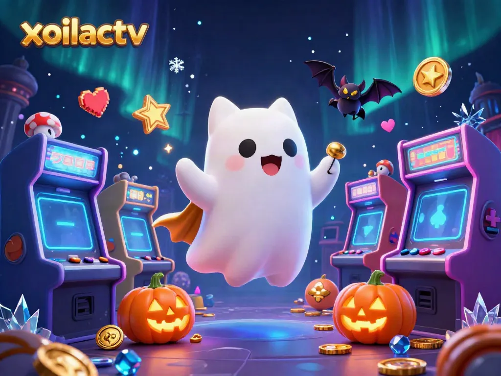 Experience the excitement of xoilactv with a friendly ghost cat and vibrant casino elements.