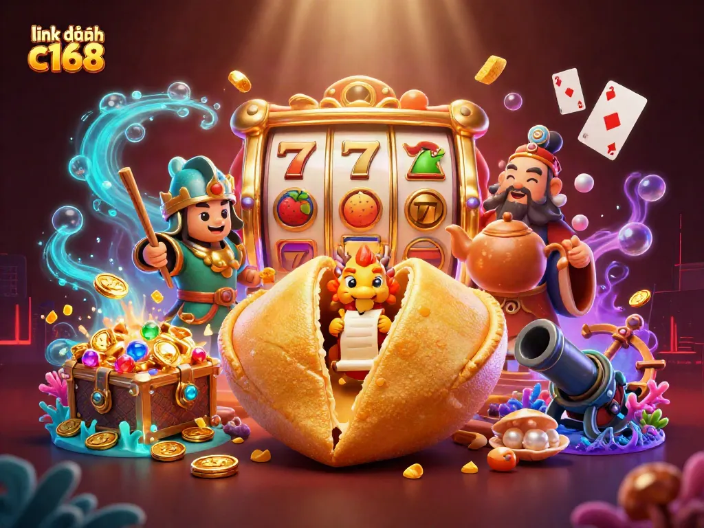 Engaging illustration with link dự phòng c168 showcasing a golden fortune cookie and casino themes.