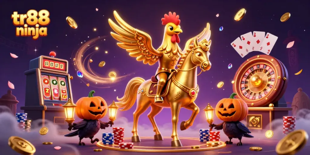 Experience gaming excitement with tr88 ninja as a golden rooster in a vibrant midnight casino.