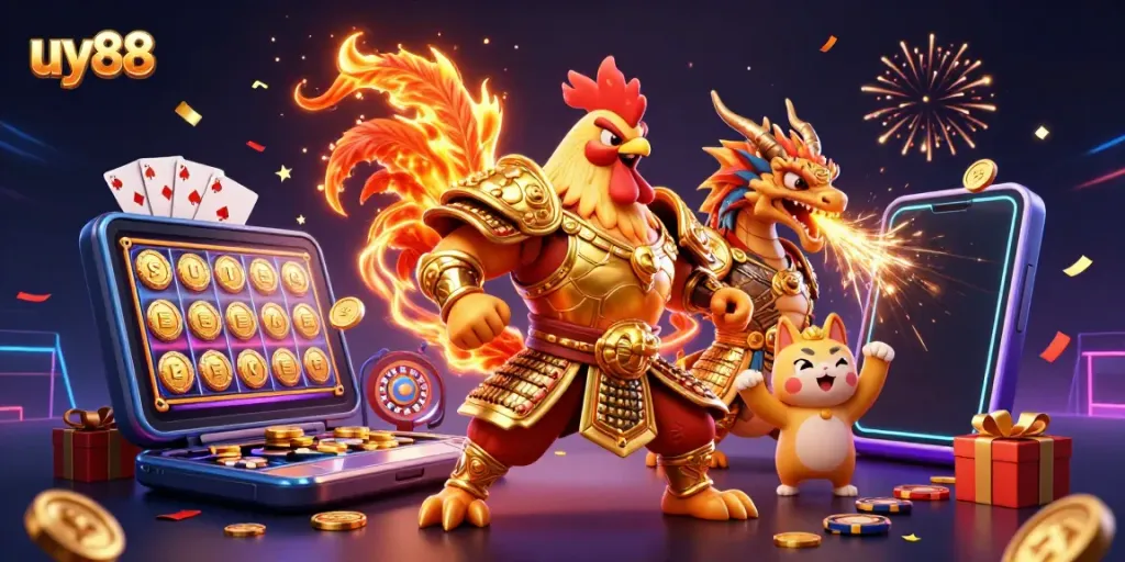 Experience thrilling wins at uy88 with festive casino characters gaming in a lively, colorful scene.