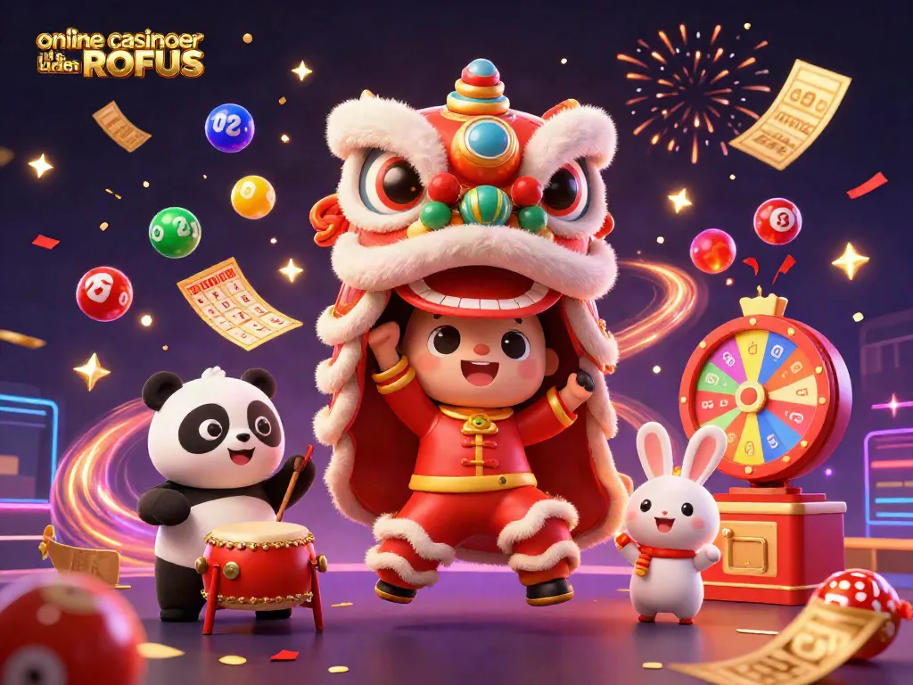 Engage in thrilling games at online casinoer uden ROFUS, featuring a vibrant celebration with a lion dance and colorful lottery elements.