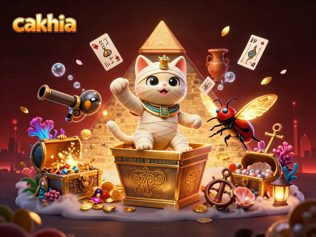Cakhia offers seamless gaming with Egyptian mummy and ancient symbols in a vibrant casino scene.