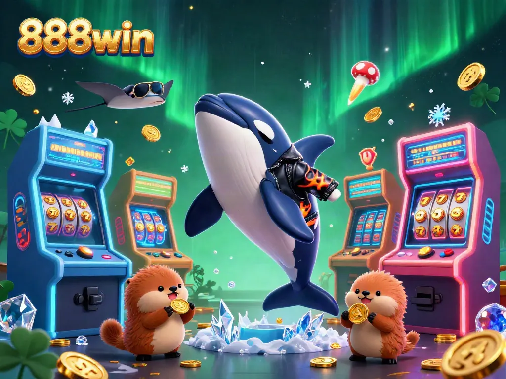 Experience exciting 888win gameplay with a lively scene of a jumping orca and otters holding coins.