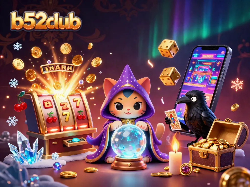 Engage with b52club's thrilling gaming experience featuring a mystical scene of fortune, chance, and winning