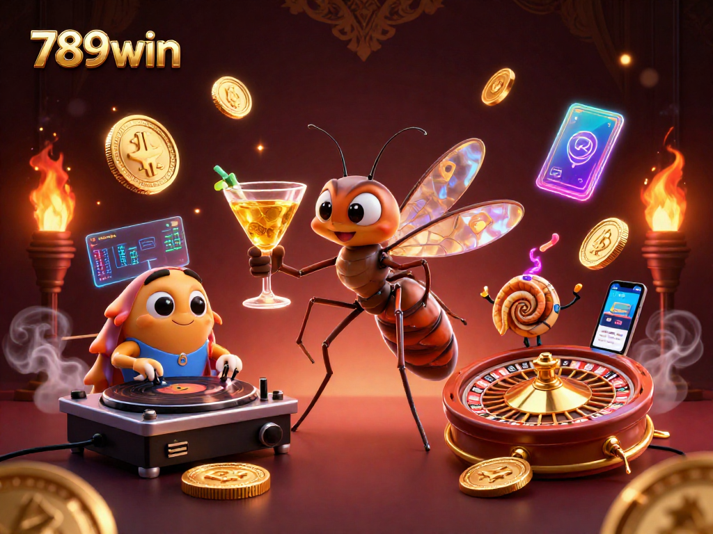 Play exciting games at 789win casino with a vibrant 3D illustration featuring crypto elements and casino characters.
