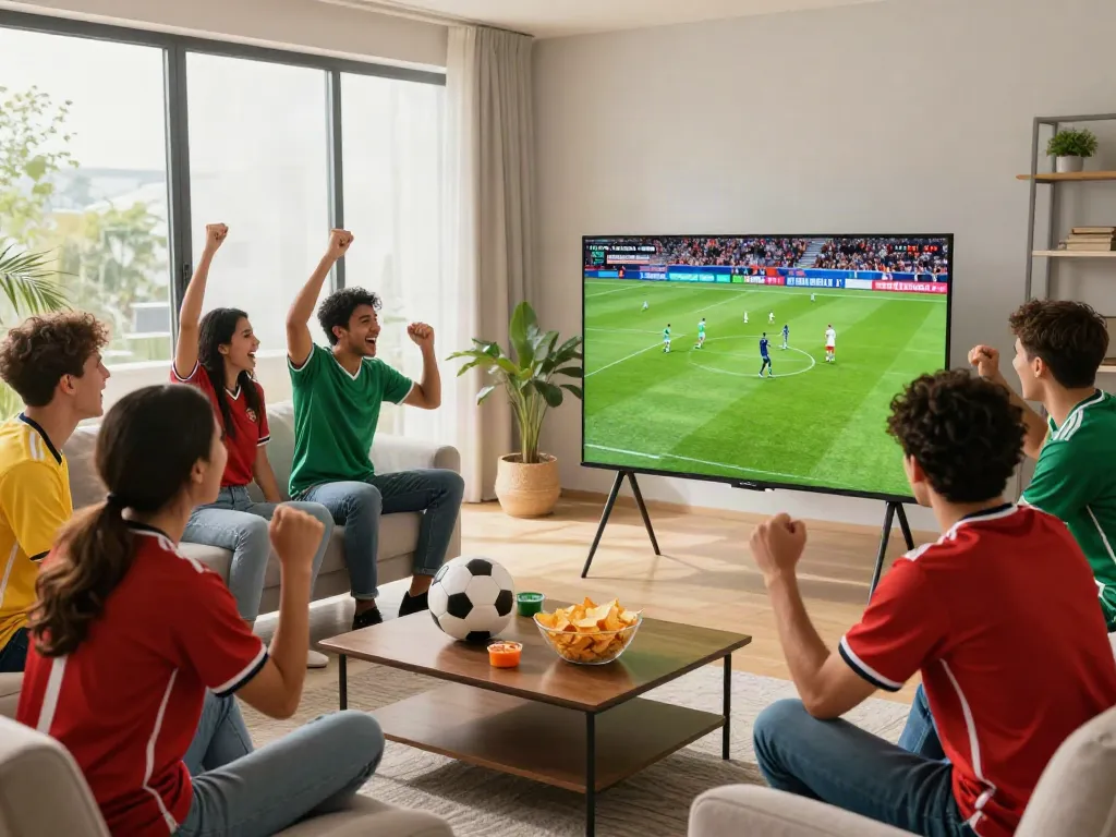 Friends enjoying a lively soccer match at home, highlighting the gà vàngtv experience.