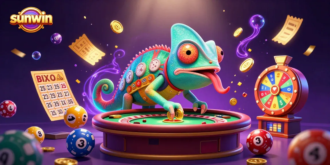 Unleash excitement with Sunwin's chameleon casino owner capturing golden coins amidst vibrant gaming elements and thrilling visuals.