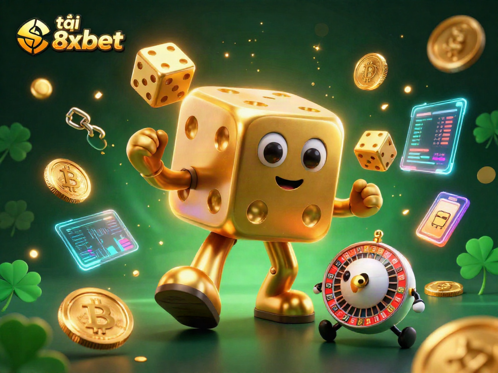 Experience vibrant excitement with tải 8xbet in this energetic 3D illustration of a golden dice golem and crypto elements.