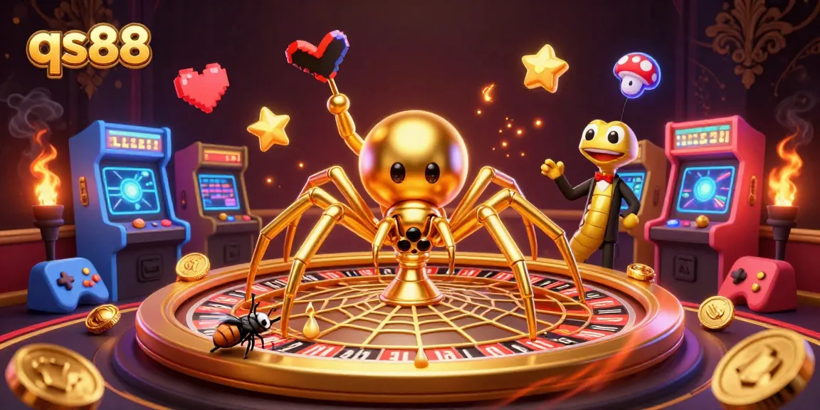Engage in thrilling bets at qs88 with a golden spider and centipede croupier in a vibrant casino scene.