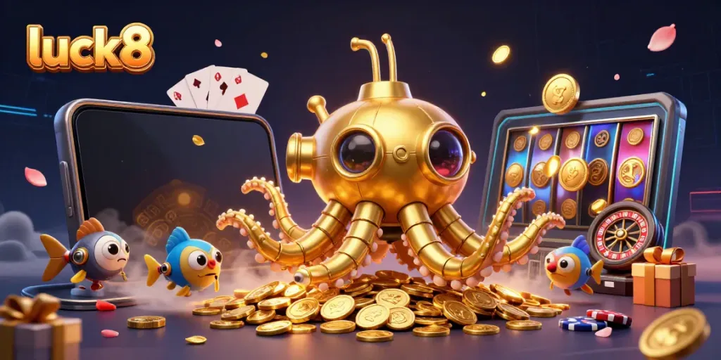 Experience thrilling wins at luck8 with a golden kraken surfacing through golden coins and vibrant slot games.