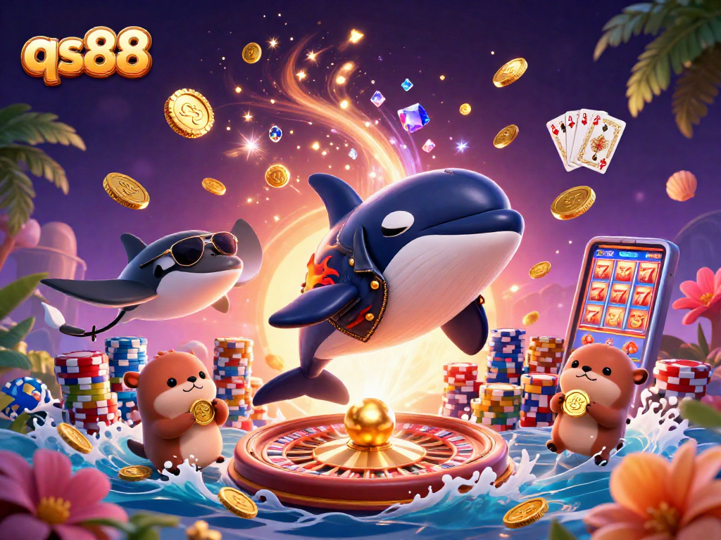 qs88 players enjoying a vibrant casino scene with golden coins, slot reels, and fun characters.