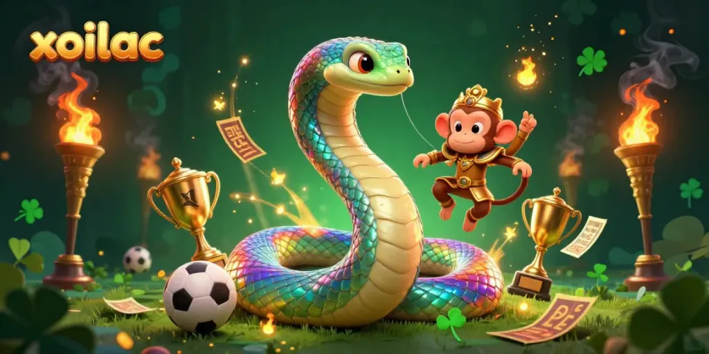 Experience xoilac sports excitement with a vibrant scene of betting, trophies, and colorful characters.