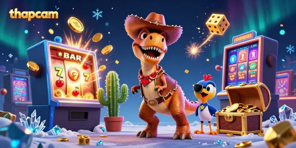 Experience thrilling gameplay with thapcam's vibrant 3D casino scene featuring a cowboy dinosaur and unique gambling elements.