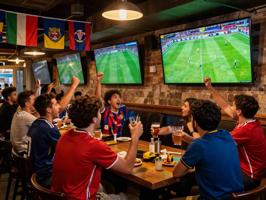 Soccer enthusiasts enjoying live match at pub, representing xoilactvx.me community spirit.