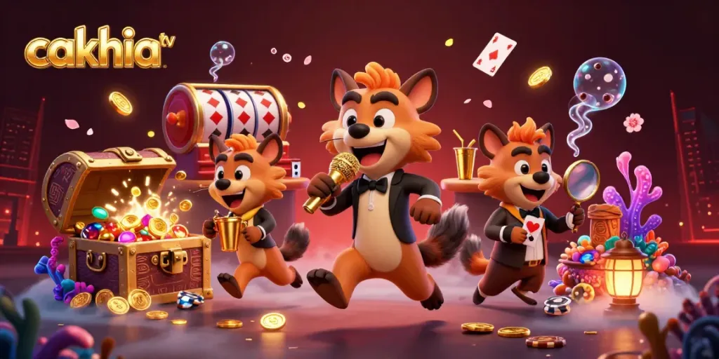 Cakhia TV presents a lively casino scene with hyenas, a bartender mixing drinks, and vibrant game elements.