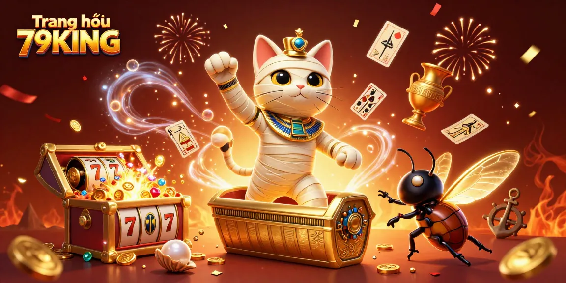 Experience excitement with Trang chủ 79KING showcasing a vibrant casino scene featuring a mummy cat.