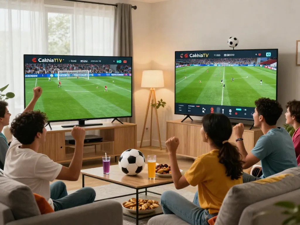 Friends enjoying a live football match on CakhiaTV in a cozy setting.