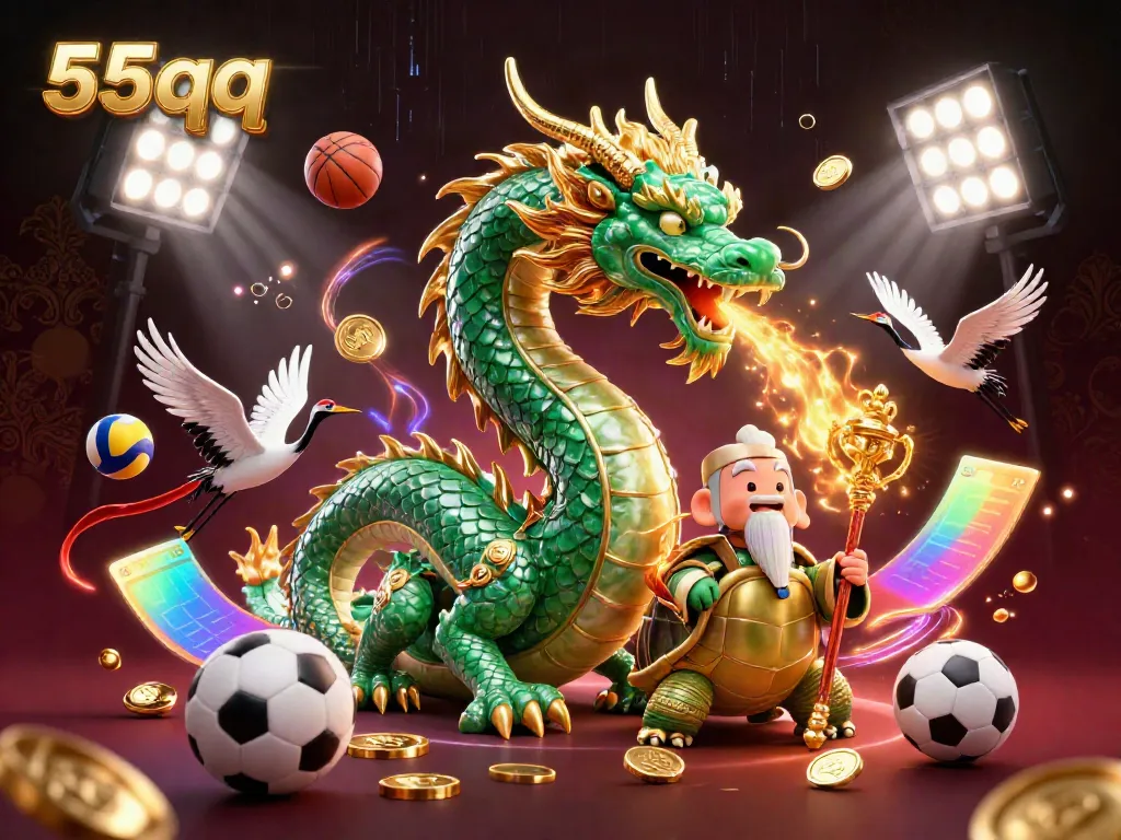 Experience exciting 55qq gaming with a magical dragon, cartoon sage, and cranes in action.