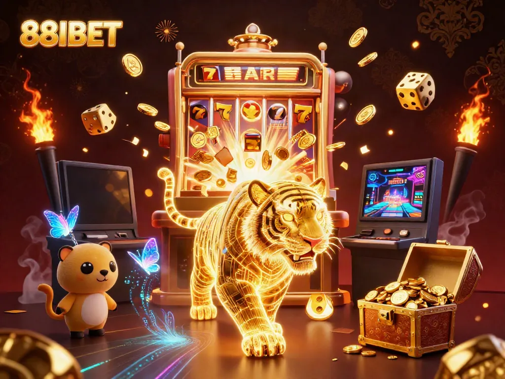 Experience the energetic allure of 88IBET through a vibrant 3D casino scene filled with neon elements and jackpot excitement.