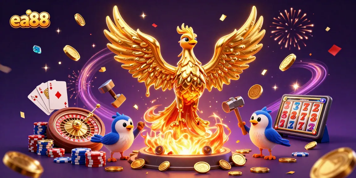 ea88 features a molten metal phoenix with winning slots and casino elements in a vibrant scene